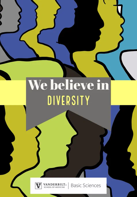 Drawn profiles of people in different colors (in blue, black, brown, and greens) overlaid in two lines. One profile has glasses. A banner at the top reads "We believe in DIVERSITY." At bottom is the Basic Sciences wordmark.