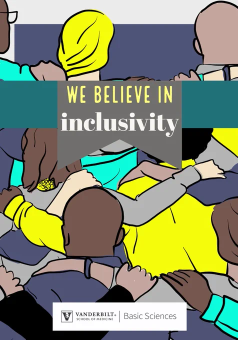 A drawing of a line of people, viewed from behind, all of whom have their arms around one another's shoulders. Different skin tones and hair styles are represented. A banner at the top reads "We believe in inclusivity." At bottom is the Basic Sciences wordmark.