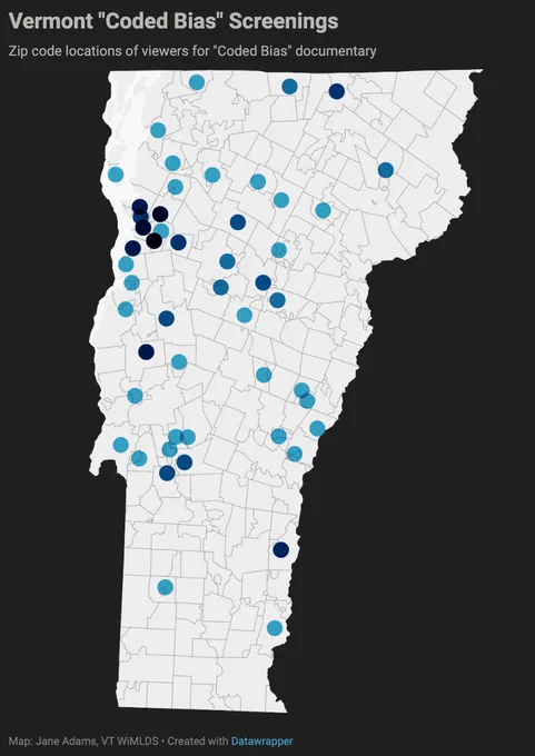 Map showing the zip code locations of viewers for VT screenings of the "Coded Bias" documentary