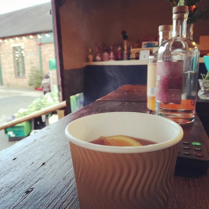Mug steaming on Gin Wagon bar