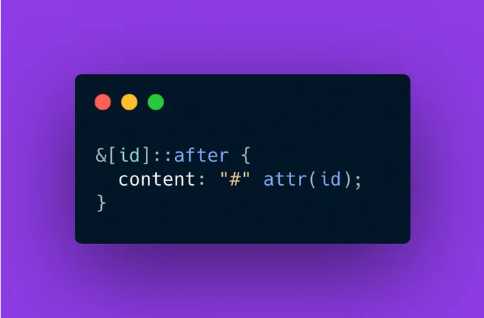 CSS code snippet showing how to define the `id` attribute's value as part of a pseudo element's `content` value. This is an excerpt from the gist linked in the tweet.