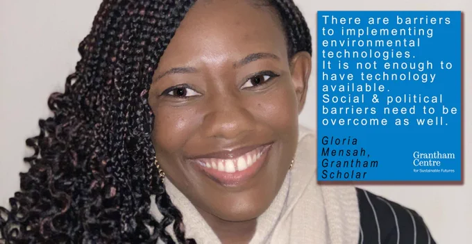 A photo of Gloria Mensah alongside a quote about the need for scientists to understand social and political barriers to new technology being taken up by policy makers. 