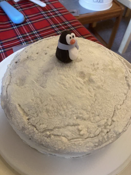 Cake with snow like icing and a penguin perched on top