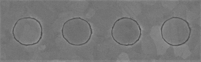 Electron micrograph of coaxial holes with nanometer-scale gaps in a gold film (image credit: Daehan You, University of Minnesota)