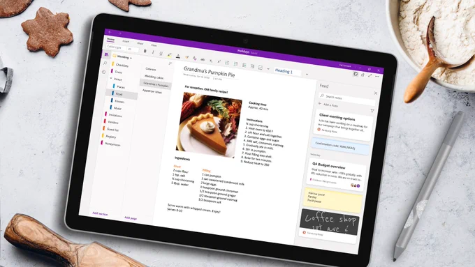 Tablet with OneNote open showing the feed feature