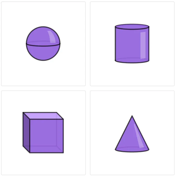 A sphere, cylinder, cube, and cone.