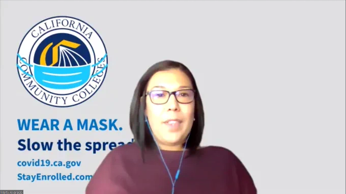 Snapshot of California Community Colleges Chancellor's Office Vice Chancellor of Educational Services, Marty Alvarado, taken during a webinar.
