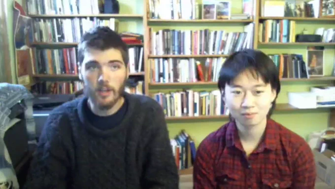 Photo of Deep Springs College students, Sam Clarke and Connie Jiang, taken during a webinar.