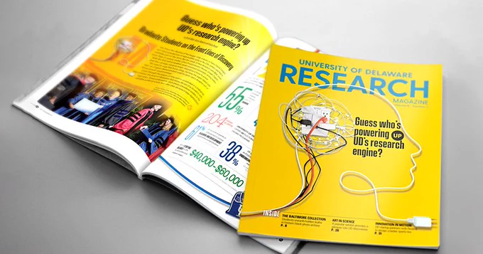 A view of the virtual 'cover' of the University of Delaware Research magazine (which is an all-digital magazine for this edition).