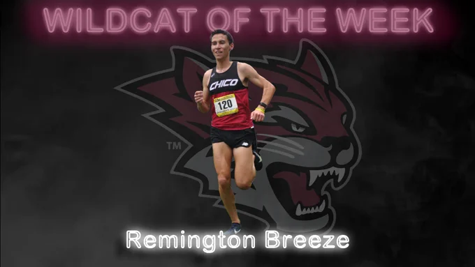 Remington Breeze, Chico State Athletics Wildcat of the Week for December 21, 2020, pictured in action on a graphic featuring neon-stylized text that reads: "Wildcat of the Week" on top and "Remington Breeze" on the bottom. The image also includes a Wildcat head logo and a smoke effect in the background.