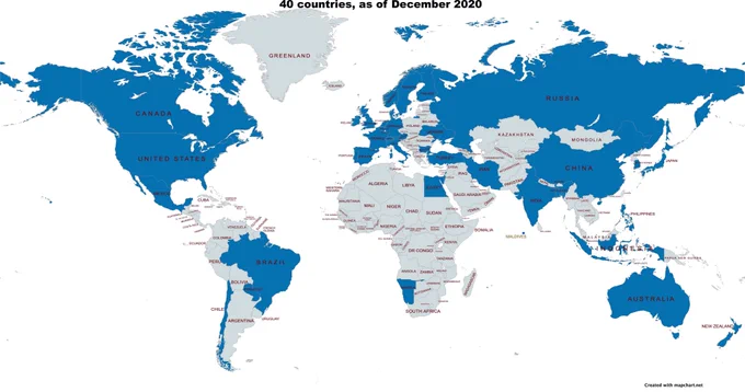 world map, showing 40 countries where people use GenderMag. Alphabetically: 
Australia
Austria
Bangladesh
Belgium
Brazil
Bulgaria
Canada
Chile
China
Denmark
Egypt
Finland
France
Germany
India
Indonesia
Iran
Ireland
Israel
Italy
Japan
Korea (South)
"Maldives
"
Mexico
Namibia
Netherlands
New Zealand
Norway
Paraguay
Phillipines
Portugal
Russia
Singapore
Spain
Sweden
Switzerland
Turkey
UK
Ukraine
USA