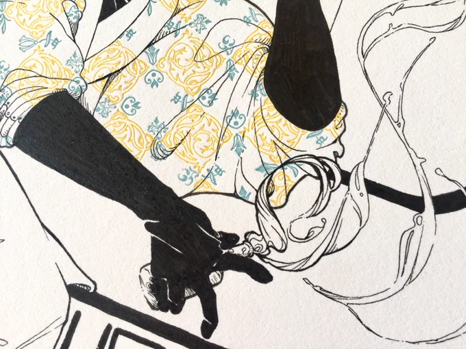a close up of his hand holding the bottle, and the wisps coming out of it, and some of the pattern printed on his sleeve. The pattern is a repeating grid of two kinds of floral decorations, a large thorny circular motif in yellow, and small flowers in blue filling in the corners.
