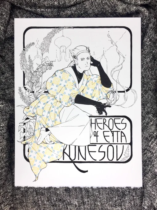 A photo of a combination letterpress and hand-inked illustration. The illustration is mostly fine lines with some denser black areas in, generously, a Mucha-like composition, where the figure lounges across two separate rectangular frames as if they were steps. He is an elf D&D character wearing multiple layers of long coats and skirts. His top layer has enormously poofy sleeves, and is letterpress printed with a floral pattern in yellow and blue. He is holding a small bottle of mysterious fluid exuding oily wisps on the right of him; on the left of him is an arcing cluster of foxgloves. In the background of the top frame is a vague outline of a city with domes and spires; set into the bottom frames around his legs are the name of the campaign, “Heroes of Etta,” and his name, “Kunesov.” His first name is covered by the tail of his coat.