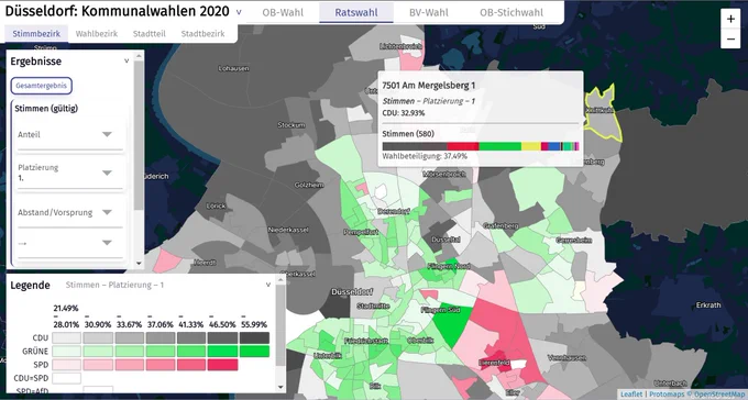 Abbildung der Web-Anwendung. Eine Karte mit Stimmbezirken der Stadt Düsseldorf zur Kommunalwahl 2020, eingefärbt nach der erstplatzierten Partei und wie hoch der Stimmenanteil ist.