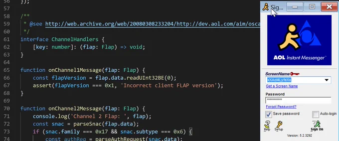 Screen-shot of AOL Instant Messenger client attempting to login, next to window of TypeScript