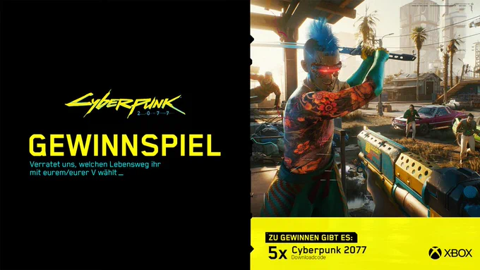 Das Bild zeigt einen Screenshot aus Cyberpunk 2077. Der Bildtext lautet: Gewinnspiel - verratet uns, welchen lebensweg ihr mit eurem/ eurer V wählt.