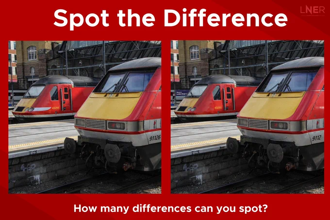 A HST and a Mark4 LNER servce stand at Kings Cross, how many differences are there between both images? 