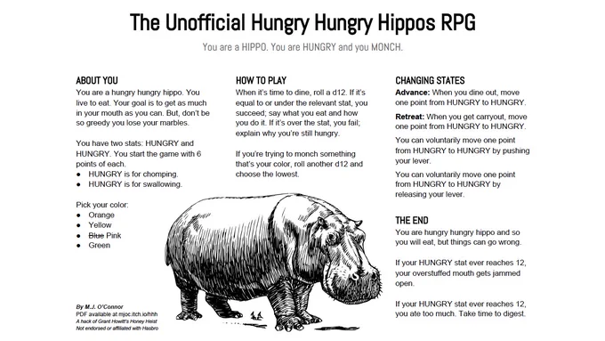 Unofficial Hungry Hungry Hippos 1-page RPG. PDF available at mjoc.itch.io/hhh