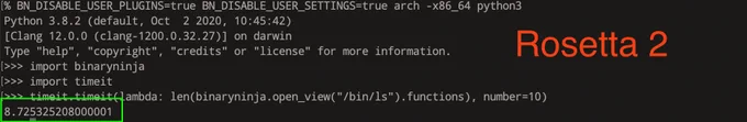 2020 M1 Mini fully analyzes /bin/ls with rosetta 2 in x64 emulation 10 times in 8.73s