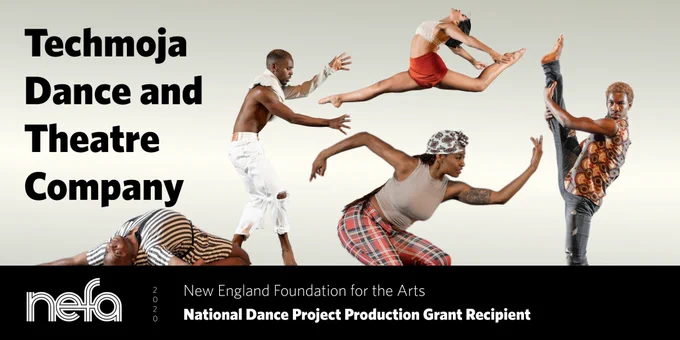 In a white void, five dancers leap and drop to the ground dramatically. Text: 2020 National Dance Project Production Grant Recipient Techmoja Dance and Theatre Company.