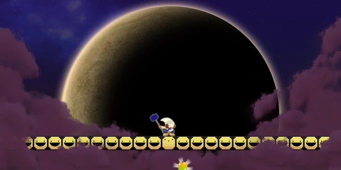 Jam, a dark skinned humanoid with a hammer, squatting on a row of smiling yellow blocks, looking at a shining green mango just below him. The block row stretches across a night sky, cutting through dark red clouds. A waning moon looms huge in the back.
