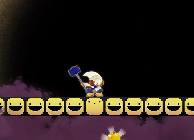 Jam, a dark skinned humanoid with a hammer, squatting on a row of smiling yellow blocks, looking at a shining green mango just below him. 