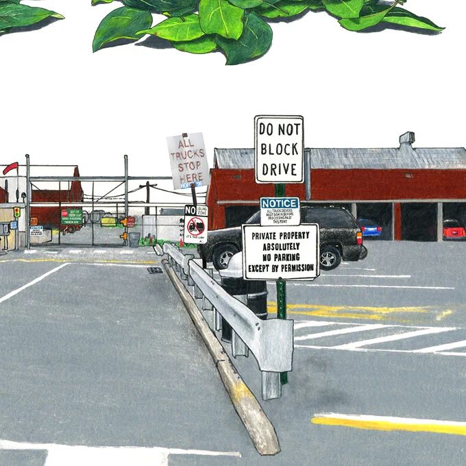A color pencil illustration of the entrance to Stepan Company, a NJ-based chemical manufacturing plant. 

Before the guarded gate, there are several signs adjacent the road: "ALL TRUCKS STOP HERE" "NO IDLING ZONE / IT'S THE LAW" "DO NOTE BLOCK DRIVE" "NOTICE - ALL TRUCK DRIVERS MUST SIGN IN BEFORE PROCEEDING PAST THIS POINT" and "PRIVATE PROPERTY / ABSOLUTELY NO PARKING EXCEPT BY PERMISSION"