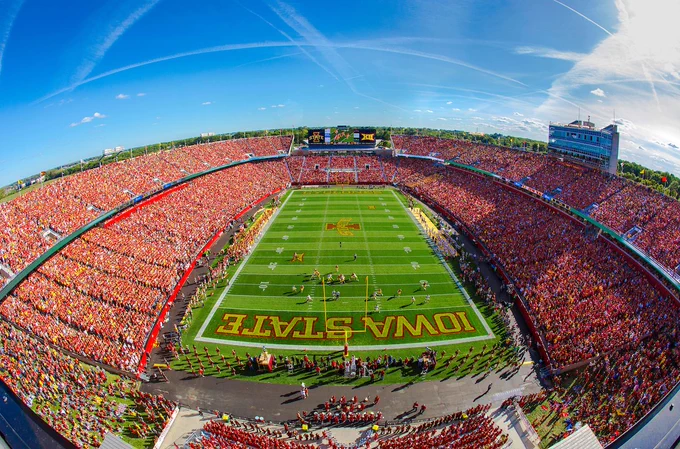 Jack Trice Stadium gameday arial view.