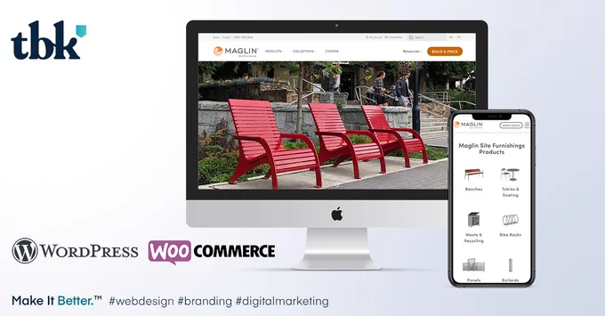 Screenshots of the new Maglin website on desktop and mobile devices; tbk's logo in the top-left; WordPress and WooCommerce logos in the bottom-left.