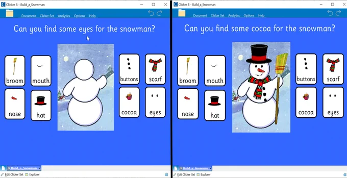 Before and after screenshots of the Build a Snowman activity opened in Clicker 8.