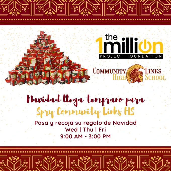 La Navidad llega temprano para los estudiantes de CLHS. Nos complace anunciar nuestra asociación con 1Million Project Foundation a través de Sprint y T-Mobile para brindarles a nuestros estudiantes un telefono y servicio gratis mientras están inscritos en Spry HS Recoja su regalo de Navidad junto con otras sorpresas de la escuela mañana y durante el resto de la semana de 9 a. m. a 3 p. m.