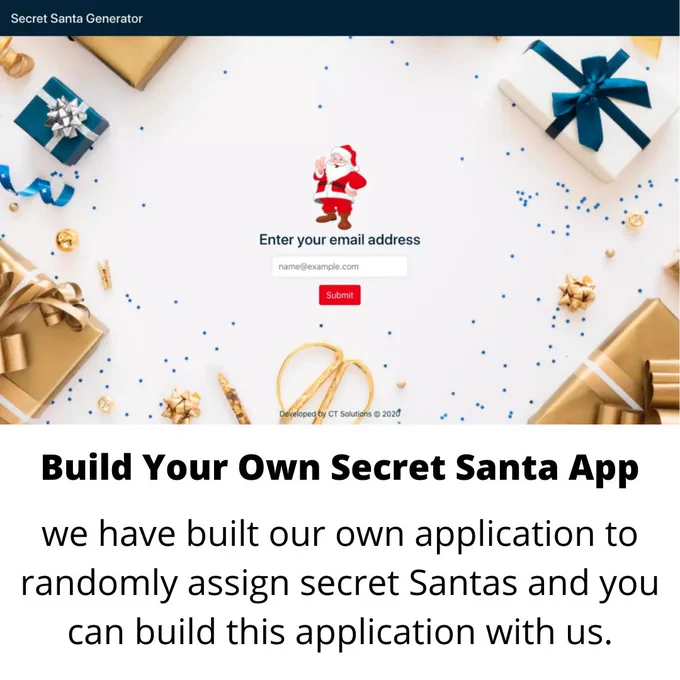 We had to deviate from the usual celebration ways and come with something else. So instead of cancelling Christmas, we are taking it online, Yay!! But, there’s a catch, we are building our own application to randomly assign secret Santa and you can build this application with us.

