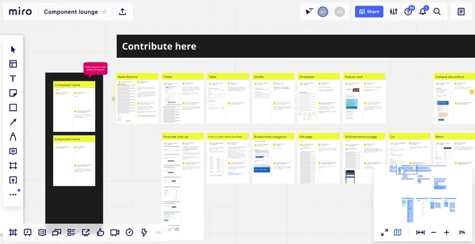A screenshot of our component lounge, which contains a set of cards describing components.