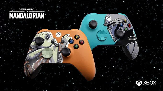 Two Mandalorian inspired Xbox Wireless Controllers appear in a space like setting. One Controller is orange with the Grogu on it and the other is teal with The Mandalorian. Text in the top left corner reads, "Star Wars The Mandalorian"