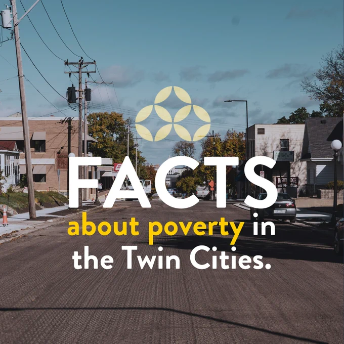 Background image of a Twin Cities street. Text reads facts about poverty in the Twin Cities. 