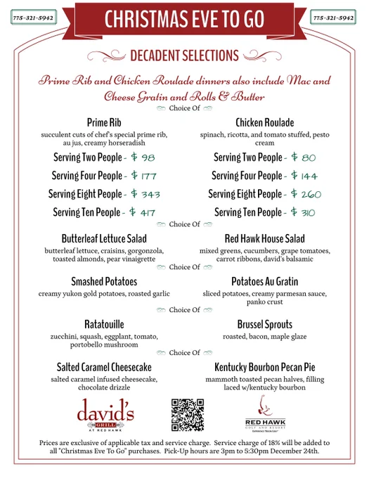Exceptional to go options from the fabulous culinary team at David's (Red Hawk Golf and Resort)