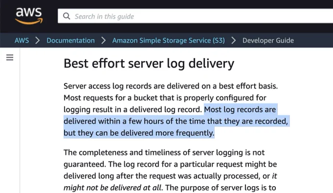 S3 server access logs aren't always delivered, but when they are it's by freight.