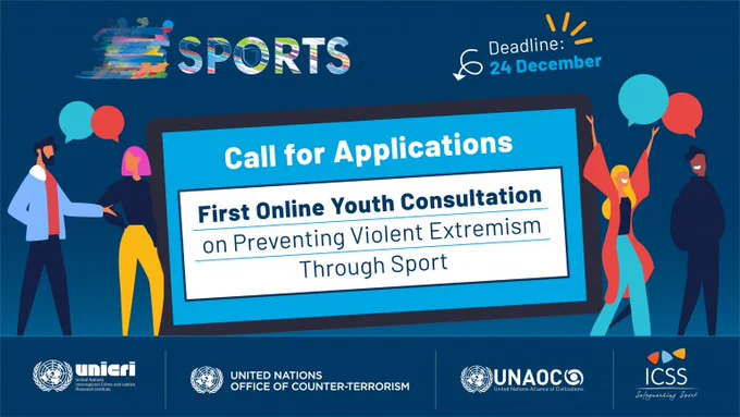 The banner reads "Call for Applications - First Online Youth Consultation on Preventing Violent Extremism through Sport - Deadline: 24 December" and shows several cartoon young people chatting.