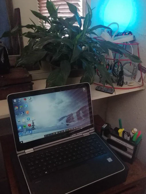 A laptop perched on top of a chest of drawers in a small corner of a bedroom. A house plant, a blue light, and some jewelry is on a shelf above. 