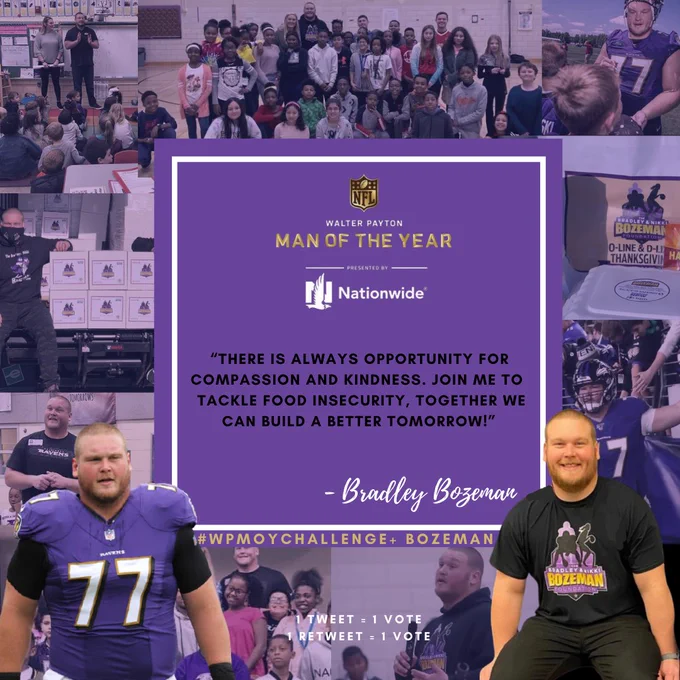 There is always opportunity for compassion and kindness. Join me to tackle food insecurity, together we can build a better tomorrow!” [image] NFL Baltimore Ravens Bradley Bozeman Football Player Charity Food Security Youth Volunteer Tweet Contest #WPMOYChallenge   Bozeman Retweets=votes