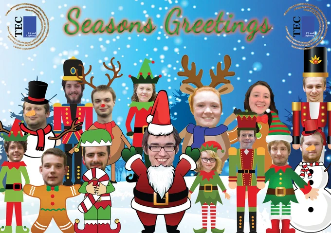 Headshots of TEC's members edited on to snowmen, gingerbread, elfs and such. Text reads 'Seasons Greetings'. 