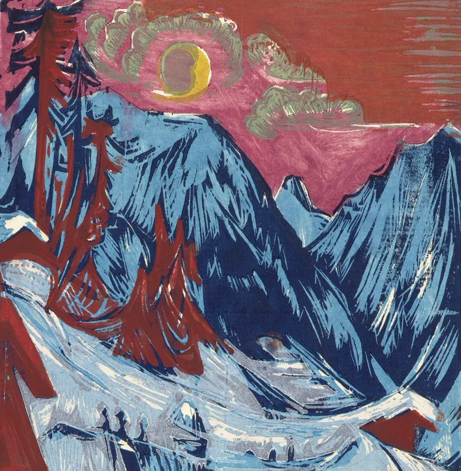 Woodcut print showing blue, snowy mountains before a bloody pink and red sky and yellow sun eclipsed by silvery clouds.
