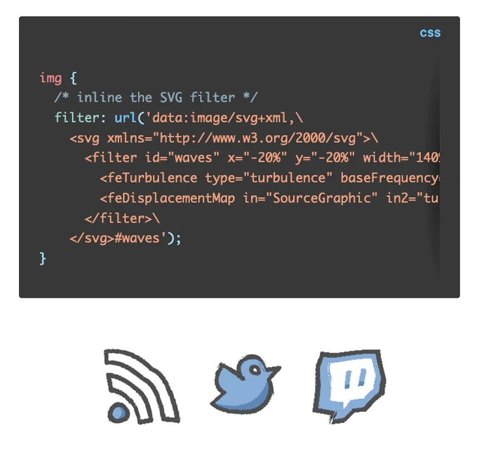 CSS source code that inlines and SVG filter. The filter is applied to an image and blurs the display.