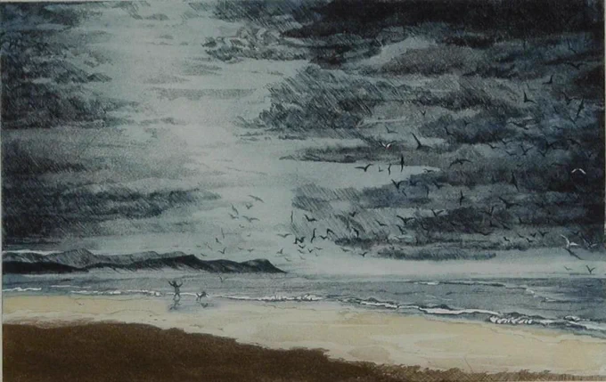 A figure with arms raised accompanied by a dog standing at a beach shoreline facing the sea whilst a flock of birds fly overhead in a he dark sky