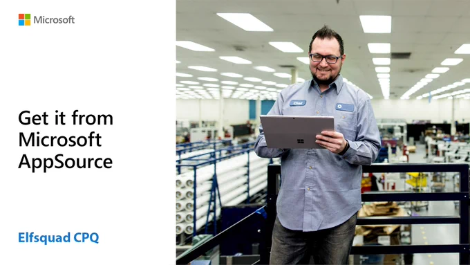 Text reads, "Get it from Microsoft AppSource. Elfsquad C P Q." Person working on Surface Tablet. 