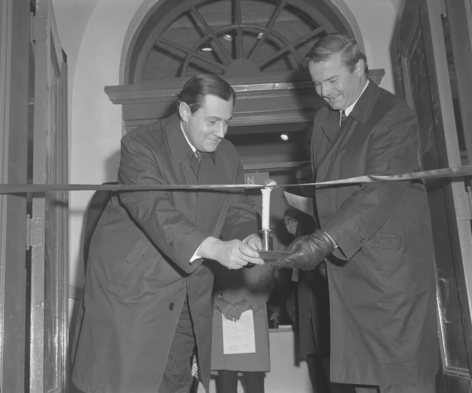 Symons (left) opened the Peel Museum and Art Gallery in 1968, joined by Bill Davis, later the Premier of Ontario.
