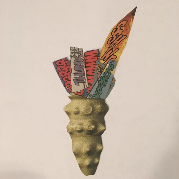 Image of collage art including texts clipped out of comic books emerging from a mollusk shell.