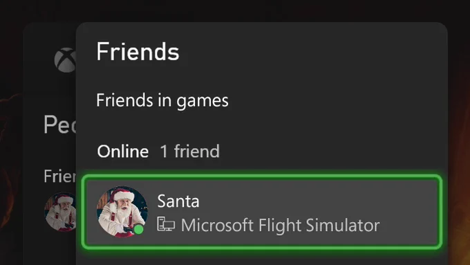 The Xbox interface shows Santa is online playing Microsoft Flight Simulator