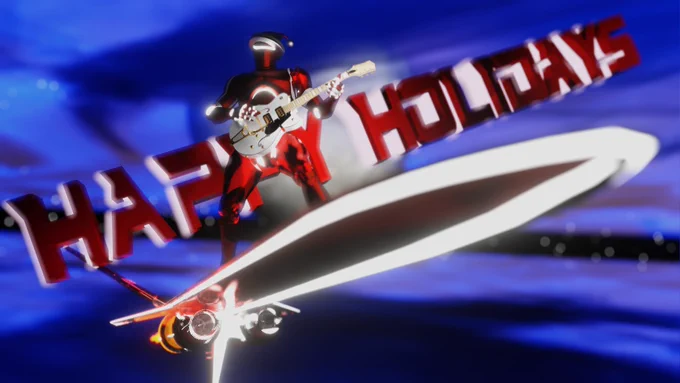 Santa's Cybernetic Helper rides through the sky on a rocket surfboard. With a guitar and the holiday spirit he soars through the night playin Carol of The Bells to keep the spirit of the season alive in the hearts and minds of all who hear his carol. Happy Holidays!