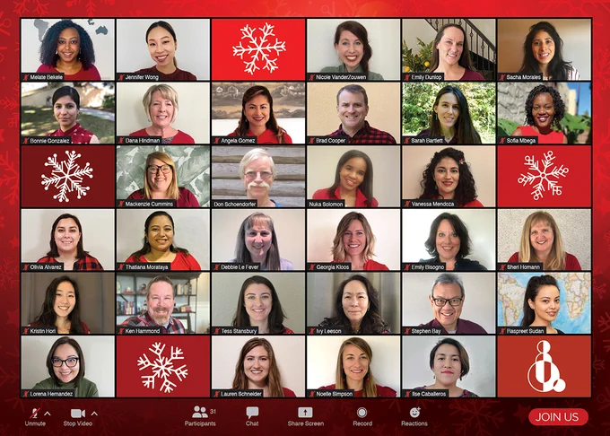 36 zoom screen squares with free wheelchair mission staff and red snowflakes